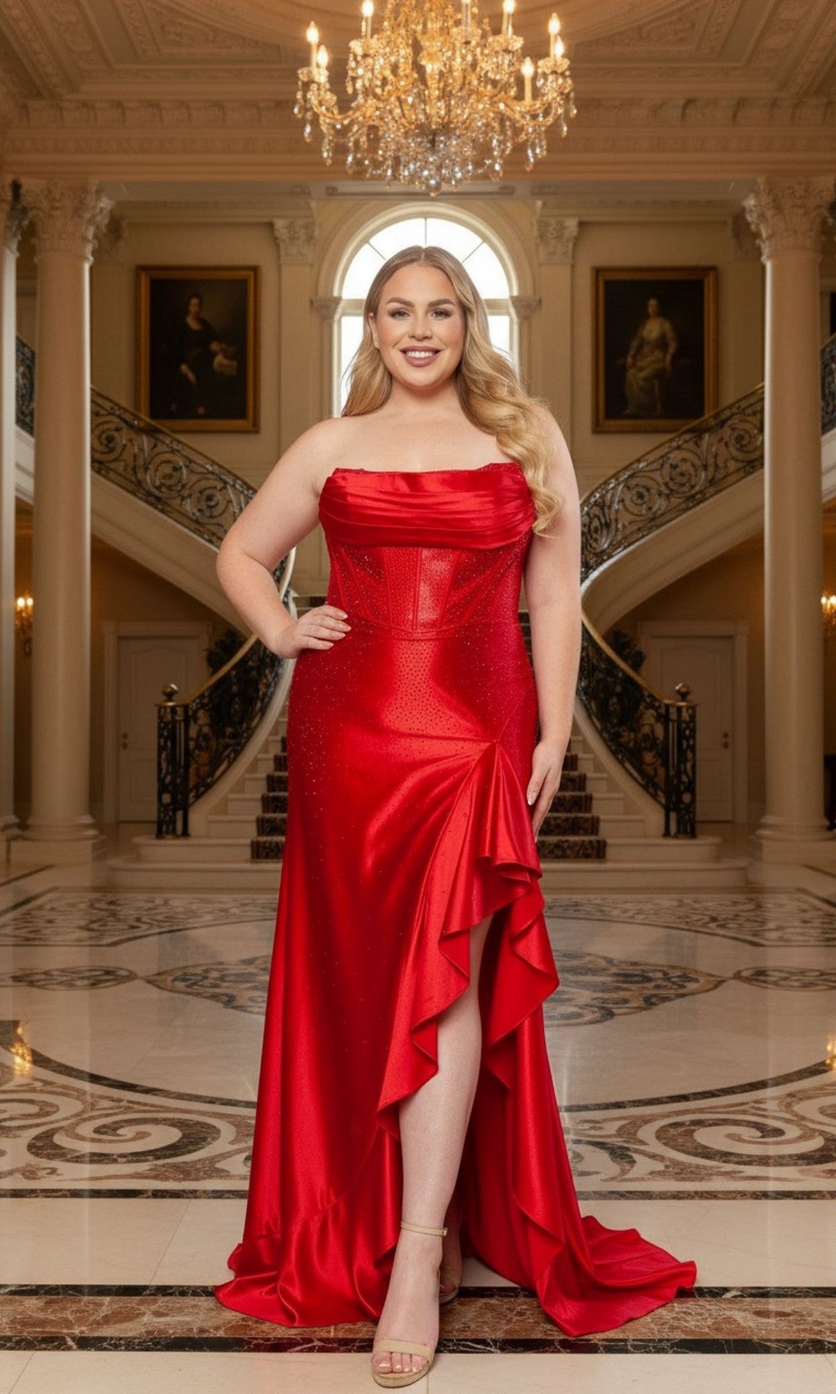 A woman in a red Long Plus-Size Prom Dress (Poly USA W1238) stands on a marble floor in an ornate hall featuring a chandelier, spiral staircase, and portraits.